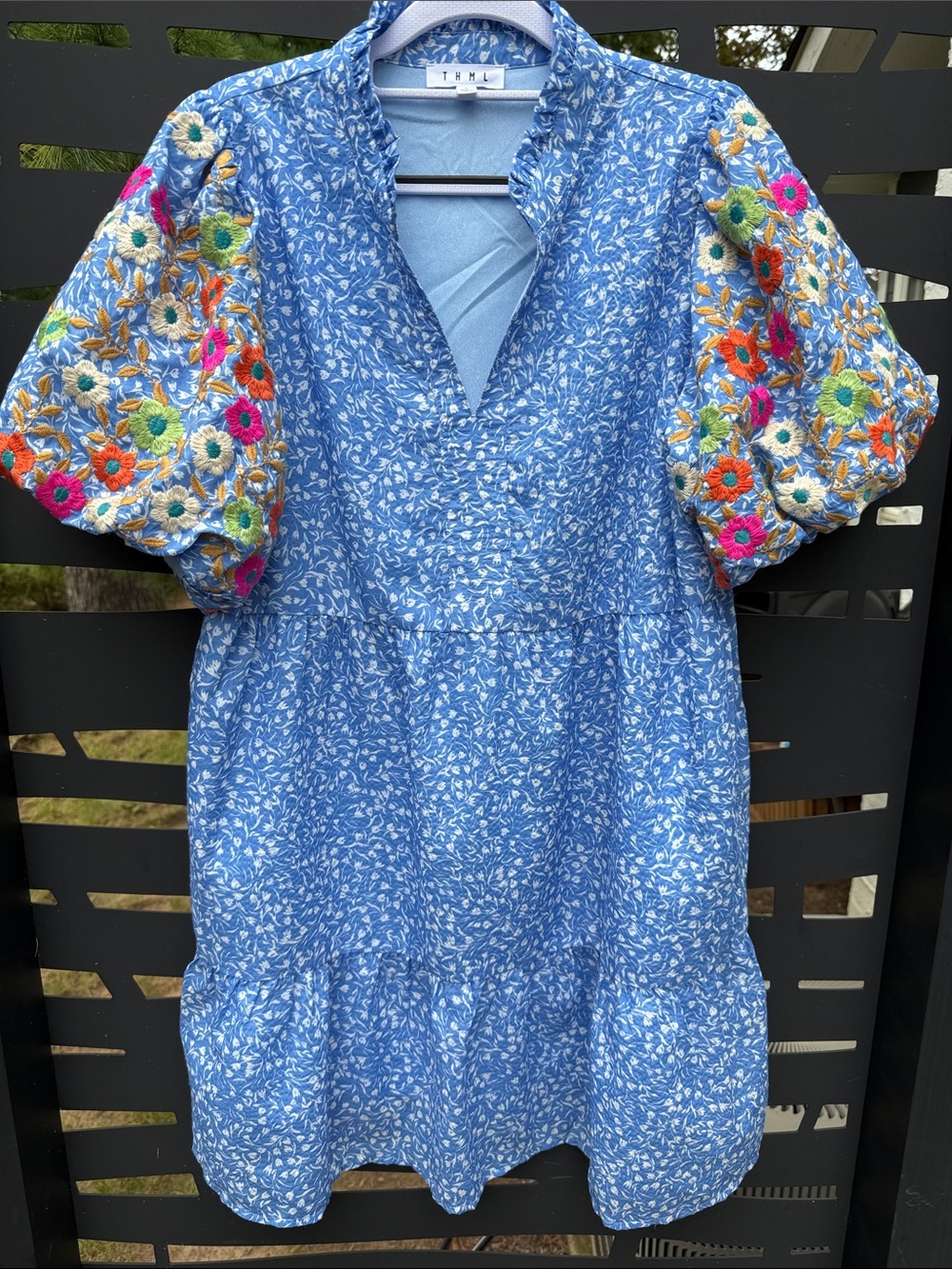 THML Light Blue Mini Dress with Multicolor Embroidered Puff Sleeves Sz L
